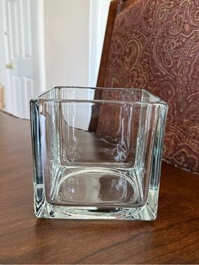 Vintage Teleflora Clear Glass Cube Heavy Vase Modern Decor 5 1/8"H x 5”W